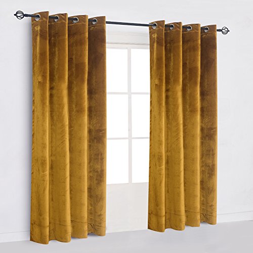 Super Soft Luxury Heavy Velvet Set of 2 Warm Yellow Blackout Energy Efficient Grommet Curtain Panel Drapes Ginger Mustard Curtain Panels