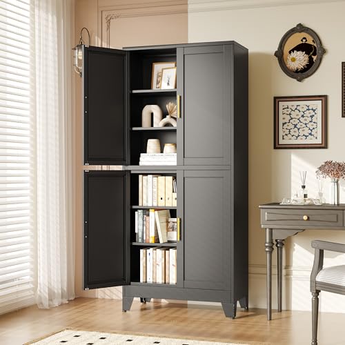 Black Metal Storage Cabinet with 4 Doors and 4 Adjustable Shelves