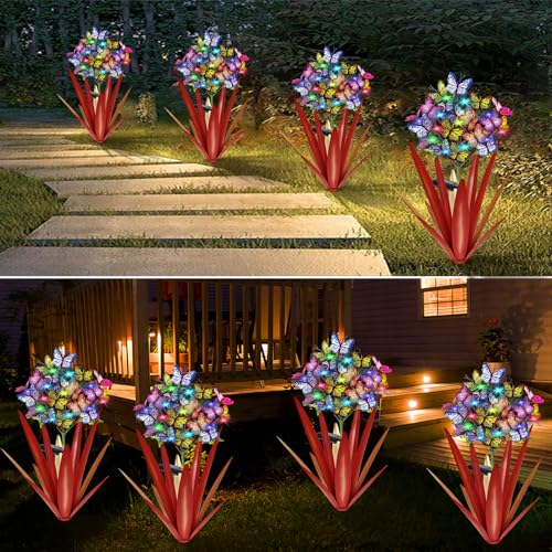 Solar Metal Agave Butterfly Flower Stick Garden Sculpture (2 Count)