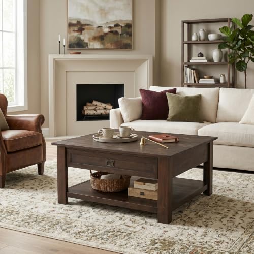 Monroe 38" Wide Solid Acacia Wood Coffee Table in Charcoal Brown