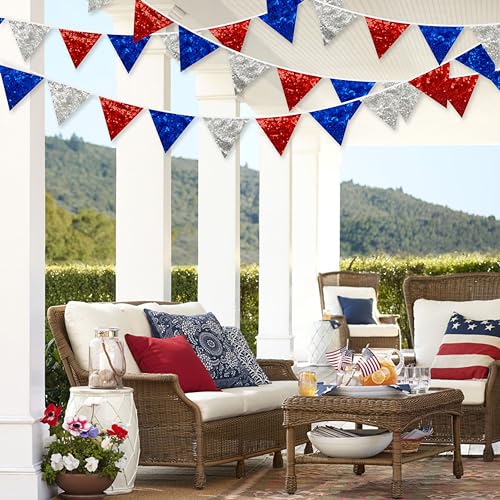 pinkblume Red Blue Silver Decorations Double Sided Sequin Fabric Triangle Pennant Banner Flag Bunting Garland for Nursery Classroom Home Bedroom Wall 4th of July American Veterans USA Holiday Decor (96 Foot)