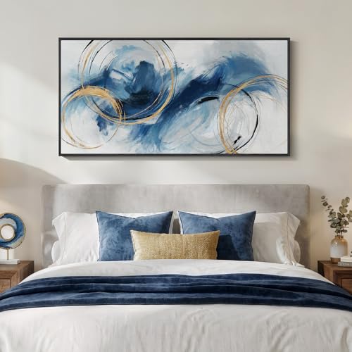 Large Framed Navy Blue Abstract Wall Art for Living Room