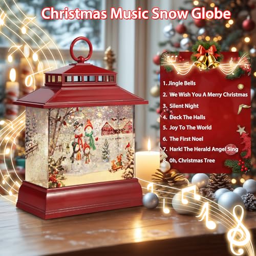 Christmas Snow Globe Lantern Water Glittering Lantern with 8 Songs & 6H Timer Romote Control Christmas Snow Globes USB & Battery Operated for Christmas Festival Decorations Gifts