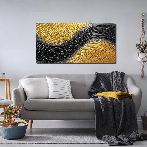 Abstract Painting Wall Art for Living Room Black and Gold Wall Art for Office 3D Textured Canvas Wall Decor for Bedroom Size 20 x 40 Inch