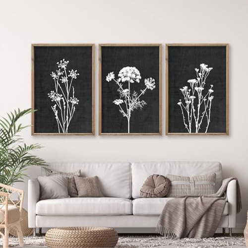 Flower Plant Wall Art Decor 16"x11" Set of 3 Black And White Wood Black