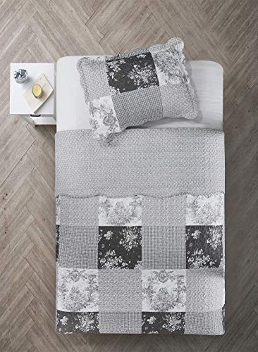 Multi Grey Toile & Floral Patchwork Quilt Set