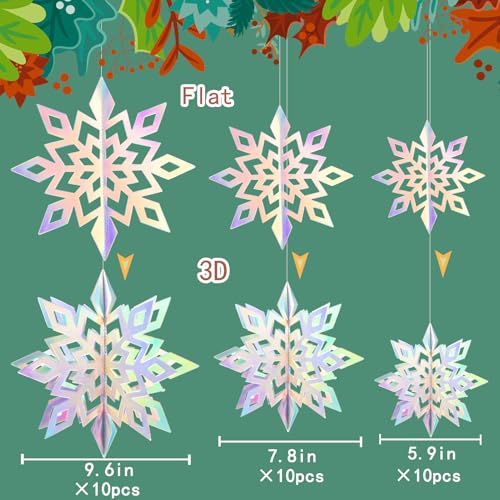 Christmas Hanging Snowflakes Decorations Clearance 30pcs 3D Iridescent Paper Snowflakes Snow Flakes Garland for Winter Wonderland Frozen Christmas Birthday Party Decorations (30 Count)