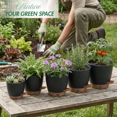 5-Pack Self-Watering Plastic Plant Pots 5/5.5/6/6.5/7 Inch– Black Indoor Flower Pots with Wick & Water Tray for Herbs, Succulents, Seedlings, Small Plants (5 Count)