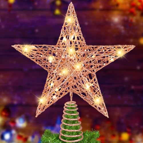 11.8’’ Christmas Tree Topper Rose Gold Star Treetop Toppers with 20 Lights