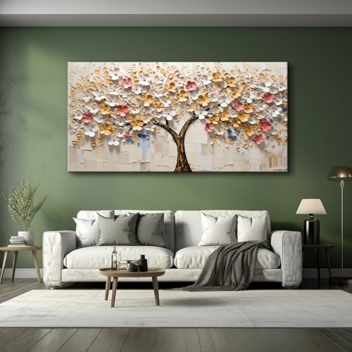 White Spring Large Tree of Life Wall Art Office Decor Living Room Modern Painting Prints Pictures Abstract Floral Flower Nature Canvas Large Landscape Artwork