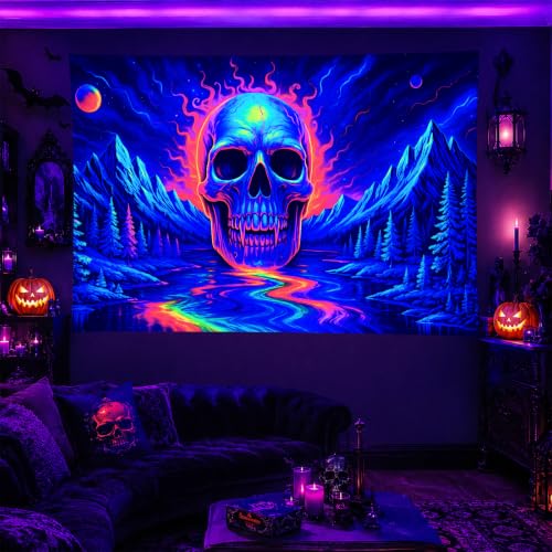 Blacklight Tapestry Skull Mountain UV Backdrop 78 x 59 Inch