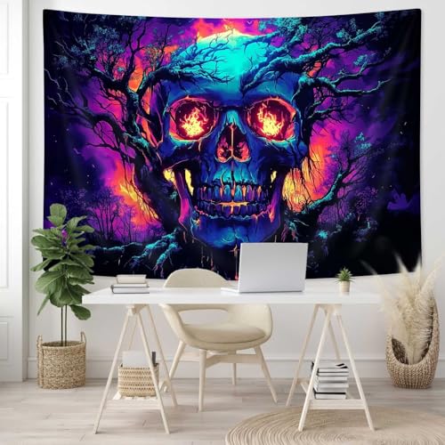 Blacklight Fire Skull Tapestry for Bedroom