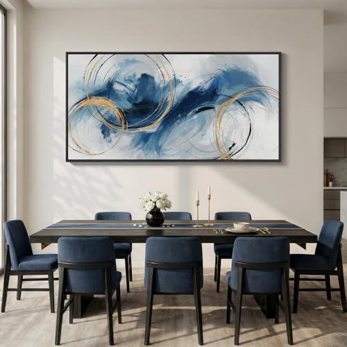 Extra Large Framed Navy Blue Abstract Wall Art for Living Room