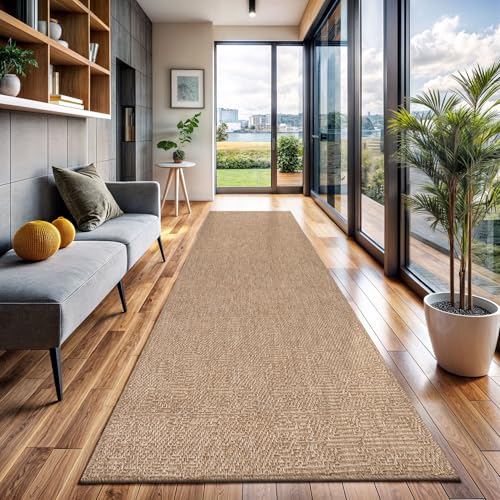 Indoor and Outdoor Runner Rug Natural Solid Boho Woven Design Easy (14 Sq Ft)