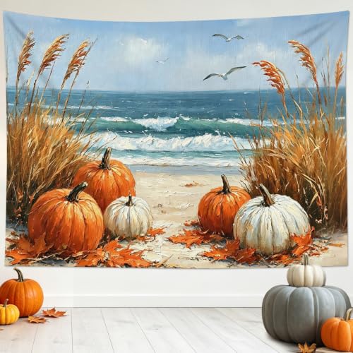 Coastal Fall Pumpkin Tapestry beach Landscape Wall Decor 92.5Wx70.9L