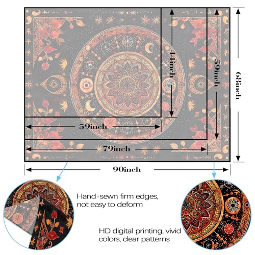 Mandala Moon and Stars Tapestry Boho Tapestry for Bedroom Black and Orange Tapestries Wall Hanging Living Room Wall Art and Home Decor 44x60