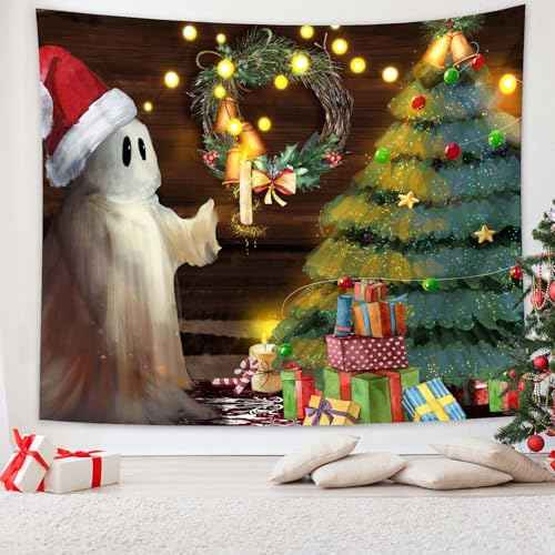 Christmas Tapestry Wall Hanging Christmas Tree Backdrop Cute Ghost Wall Decor Xmas Holiday Tapestries for Kids Bedroom Living Room Dorm Party Decoration