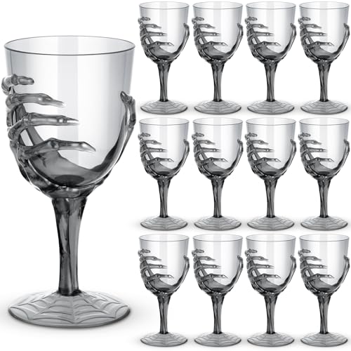 12 Pcs 12oz Halloween Skeleton Hand Goblets Clear Plastic Halloween Cups Skull Wine Glass Set for Creepy Spooky Party Decorations (12 Count)