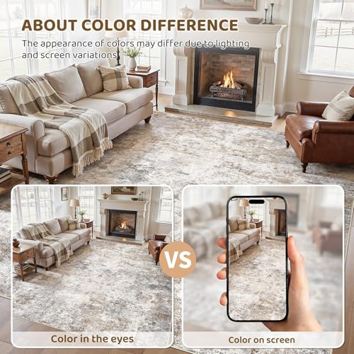 8x11 Area Rug Living Room Rugs Washable Neutral Brown Grey Carpet (24 Count)