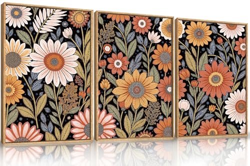 Large Abstract Boho Flower Framed Canvas Wall Art Set