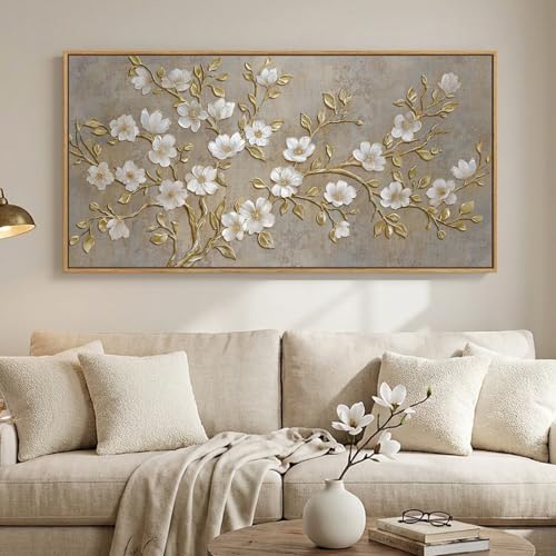Large Framed Neutral Floral Wall Art for Living Room
