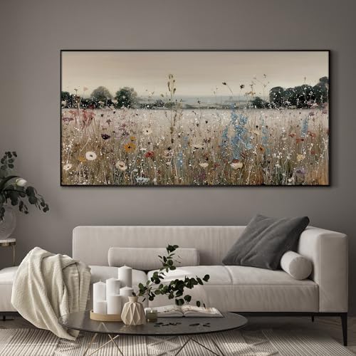24"x46" Extra Large Framed Wall Art Wildflower Meadow Landscape Soft Pastel Field with Blooming Flowers and Trees Illustration for Home Living Room Bedroom Decor