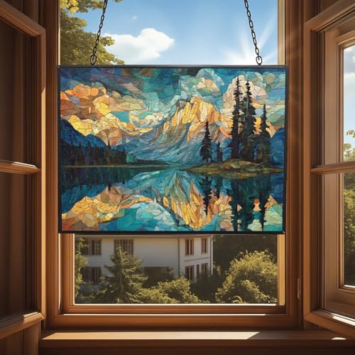 Rectangle Mosaic Mountain Reflection Lake Stained Glass Window Hanging