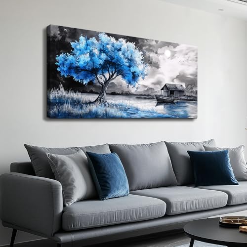 Large Wall Art For Living Room Wall Decor For Bedroom Black White Scenery And Blue Trees Wall Painting Modern Home Decoration Room Office Restaurant Canvas Art Prints Home Decor 20x40 In