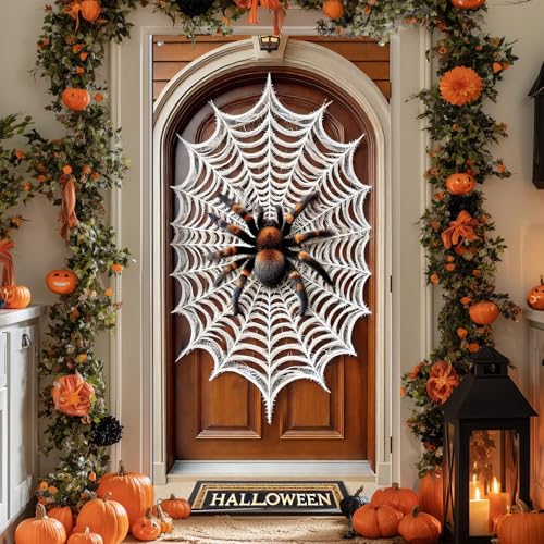 Halloween Door Cover Tarantula Spider Web 35x71 Inch Polyester