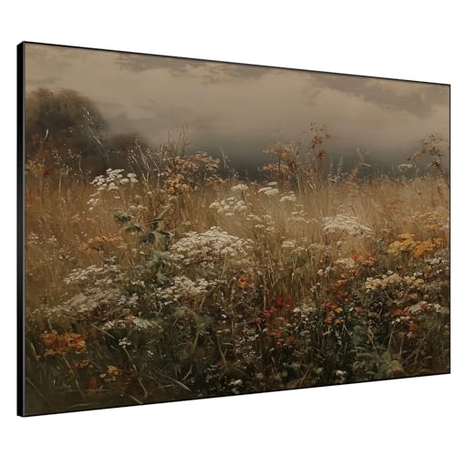 46"x60" Extra Large Framed Wall Art Autumn Meadow Landscape Rustic Brown and Golden Field Illustration for Home Living Room Bedroom Decor