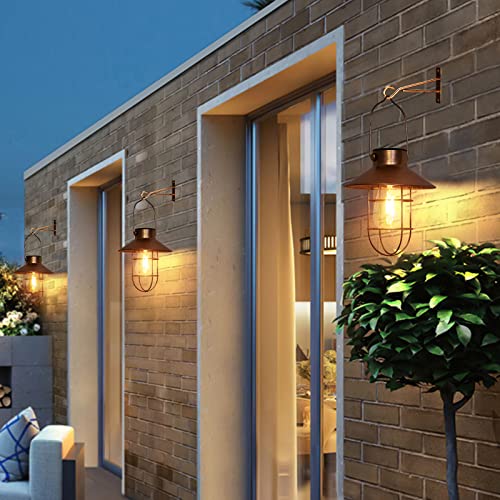 Solar Lanterns Outdoor Metal Solar Powered Hanging Lights Waterproof for Barn Wall Yard Garden Patio Garage Balcony Porch Fence Decor (2 Count)