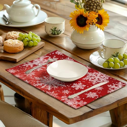 Red Snowflake Xmas Placemats Set of 4 Merry Christmas Snowflakes Linen Fabric Table Mats Seasonal Winter Holiday Washable Place Mats for Party Kitchen Dining Outdoor Indoor Decor