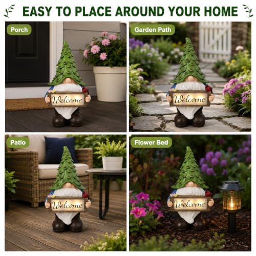 Solar Garden Gnome Statue with Welcome Sign