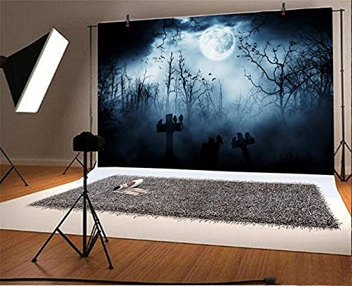 8x6.5ft Spooky Halloween Graveyard Backdrop Foggy Full Moon Horror Scene