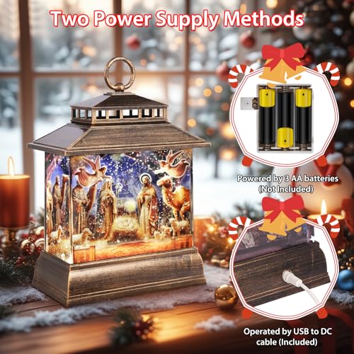 Christmas Snow Globe Lantern Water Glittering Lantern with 8 Songs & 6H Timer Romote Control Christmas Snow Globes USB & Battery Operated for Christmas Festival Decorations Gifts