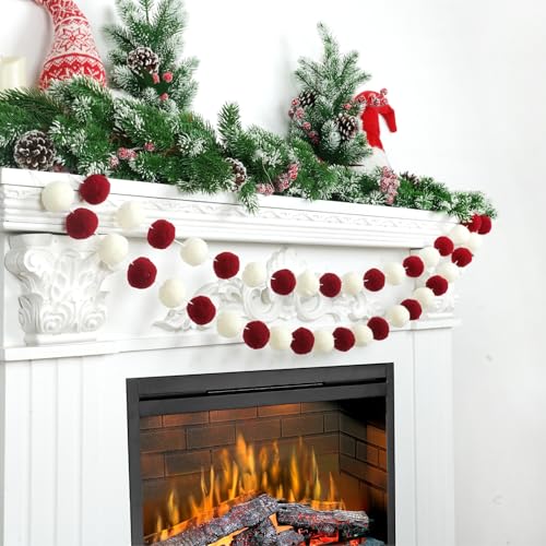 3pk Red Pom Pom Garland 20FT Colorful Large Felt Ball Garland for Mantle (60 Foot)