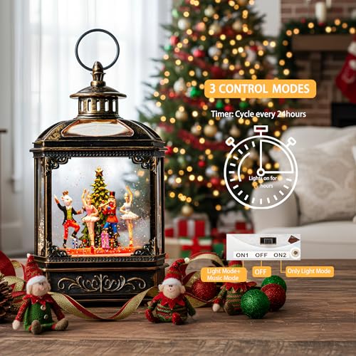 Christmas Snow Globe Lantern Water Glittering Nutcracker Ballet Stage with Music & Timer