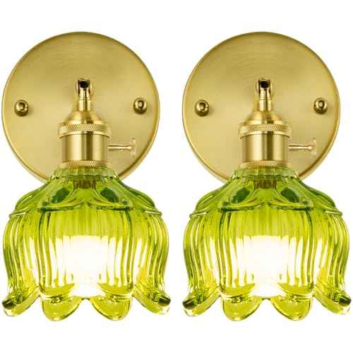 Vintage Wired Wall Sconce Set of 2 Hardwired Wall Light with Green Tulip Glass Shade (2 Count)