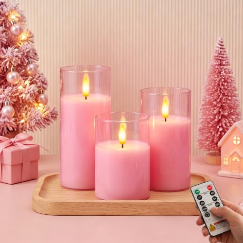 Pink Glass Flameless LED Candles Battery Operated with Remote Timer
