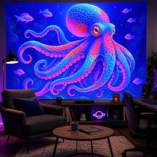 Blacklight Tapestry Octopus Ocean Glow Backdrop 78 x 59 Inch