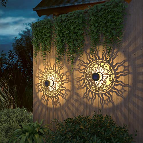 4 Pack Solar Fence Lights Metal Solar Powered Outdoor Wall Deck Lights Sun Moon Theme Waterproof Fence Light for Garden Post Patio Backyard Yard Decor (4 Count)
