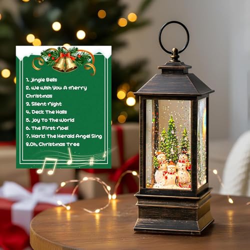 Christmas Snow Globe Water Lantern with Snowman Family Sledding Scene Battery Operated or USB Powered Musical Lighted Holiday Decoration for Tabletop Display for Family and Friends