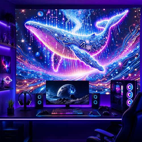 Blacklight Tapestry Whale Circuit Glow Backdrop 78 x 59 Inch
