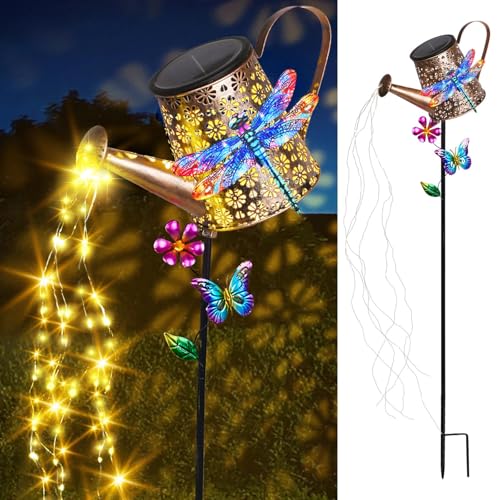 Solar Watering Can Lights with Dragonfly Outdoor Garden Stake Light Decor