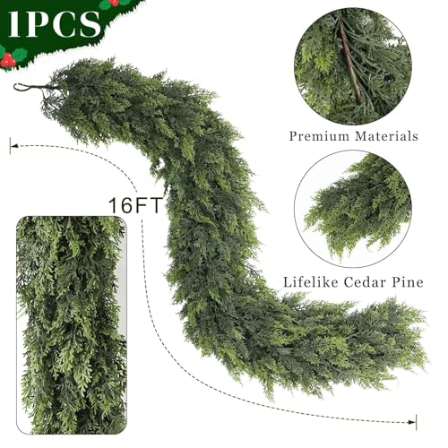 16FT 1Pcs Lifelike Touch Artificial Christmas Cedar Garland for Stair Decor