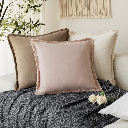 Decorative Linen Fringe Throw Pillow Covers 20×20 Light Pink (2 Count)