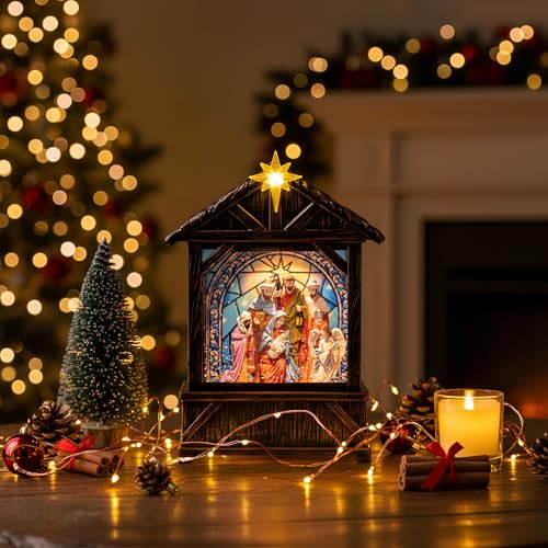 Christmas Snow Globe Lantern Water Glittering Nativity Manger with Star