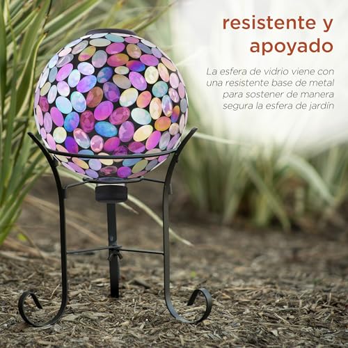 Outdoor Solar Powered Pink Glass Mosaic Gazing Globe with LED Lights and Metal Stand