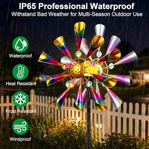 Solar Wind Spinner Outdoor Metal Garden Decor with Color LED Glass Ball