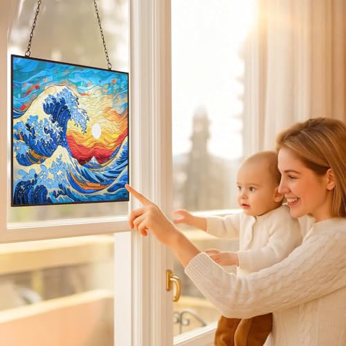 Rectangle Ocean Wave Stained Glass Suncatcher 4 Season Colorful Window Wall Ornament Hand